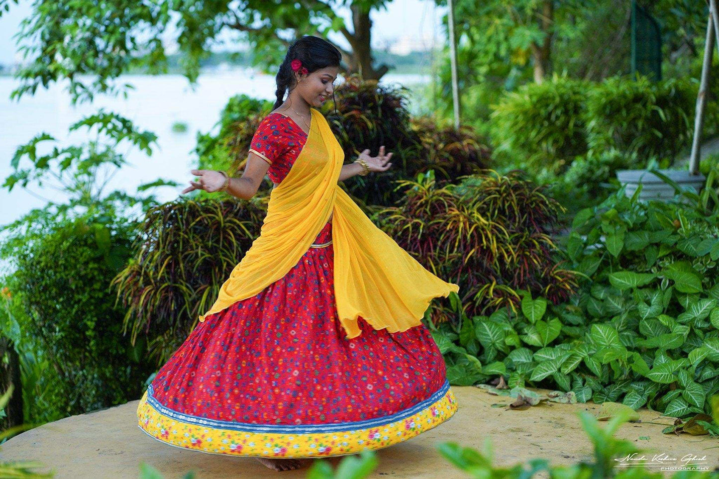 Red Gopi Dress Comes with Dupatta and customized Blouse/ Fabric itself.